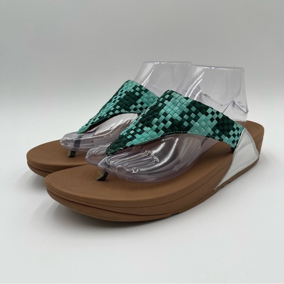 Fitflop Lulu Silky Weave Green Wedge Thong Sandals Women’s size 10 Comfort - Picture 1 of 13
